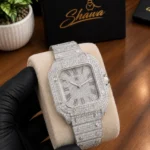 Cartier Santos Style Iced Out Diamond Silver Mens Luxury Watch with Box Front View