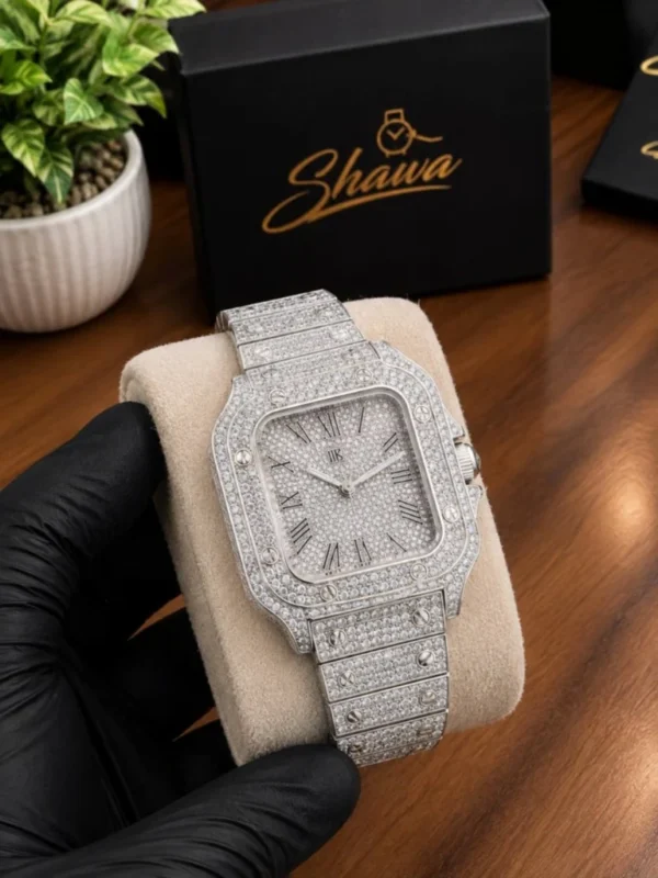 Cartier Santos Style Iced Out Diamond Silver Mens Luxury Watch with Box Front View