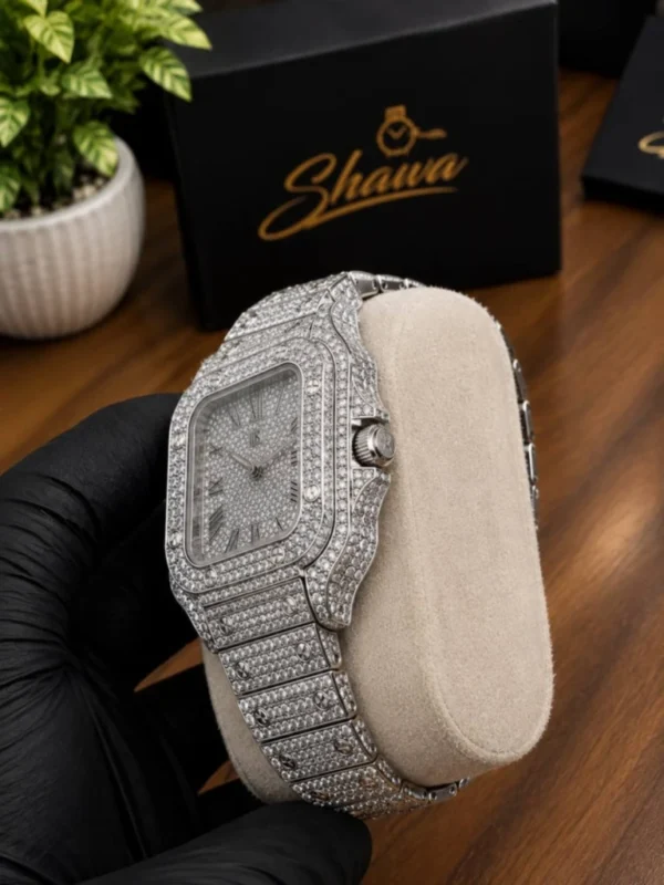 Cartier Santos Style Iced Out Diamond Mens Luxury Watch Side Angle and Crown Detail
