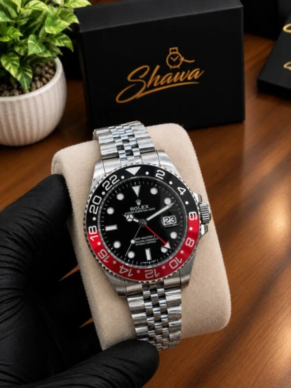 Rolex GMT-Master II Style Red and Black Coke Bezel Mens Luxury Watch with Box Front View