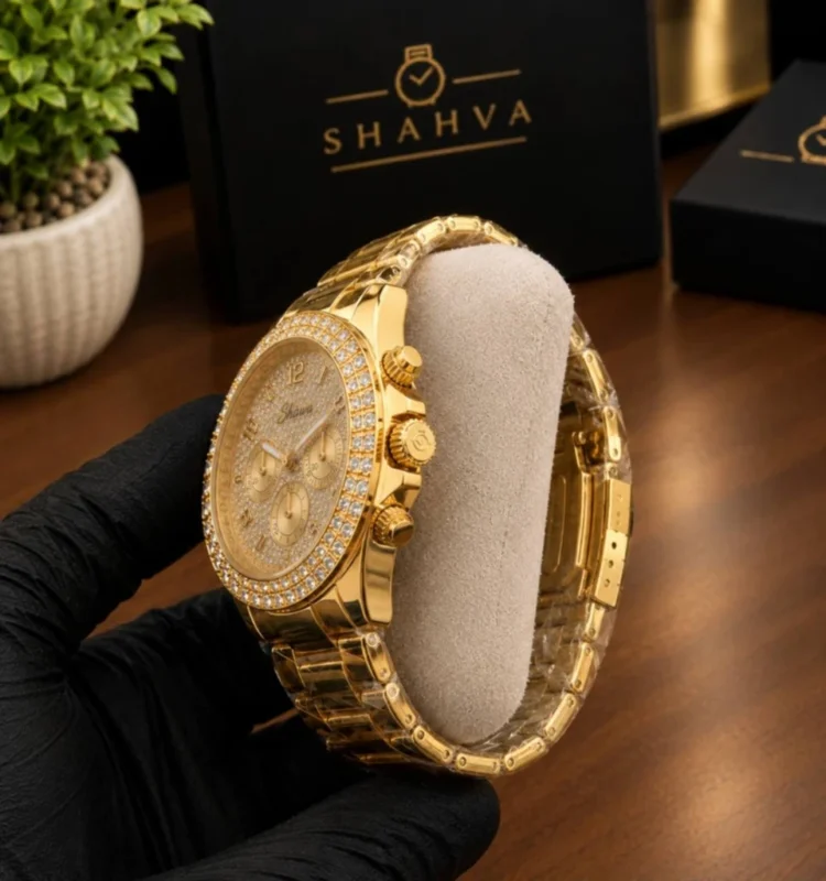 Shahva Signature Gold Chronograph Diamond Bezel Mens Luxury Watch Dial Angle and Crown Pushers