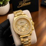 Shahva Signature Gold Chronograph Diamond Bezel Mens Luxury Watch with Box Front View