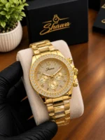 Shahva Signature Gold Chronograph Diamond Bezel Mens Luxury Watch with Box Front View