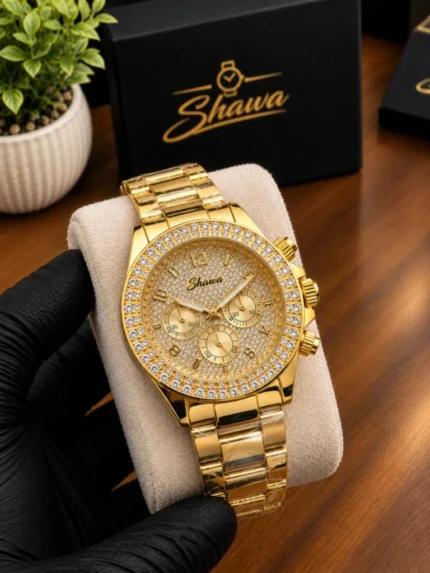 Shahva Signature Gold Chronograph Diamond Bezel Mens Luxury Watch with Box Front View
